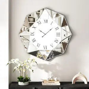 Large Mirror Wall Clock 23.62" Silver with Roman Numerals Elegant Beveled Glass Frame Art Deco for Living Room Modern Design