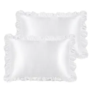PiccoCasa Ruffled Pillow Shams Set of 2, Retro Silky Pillow Cover with Ruffle, 85 GSM Satin PillowCases with Envelope Closure 43 x 63cm White