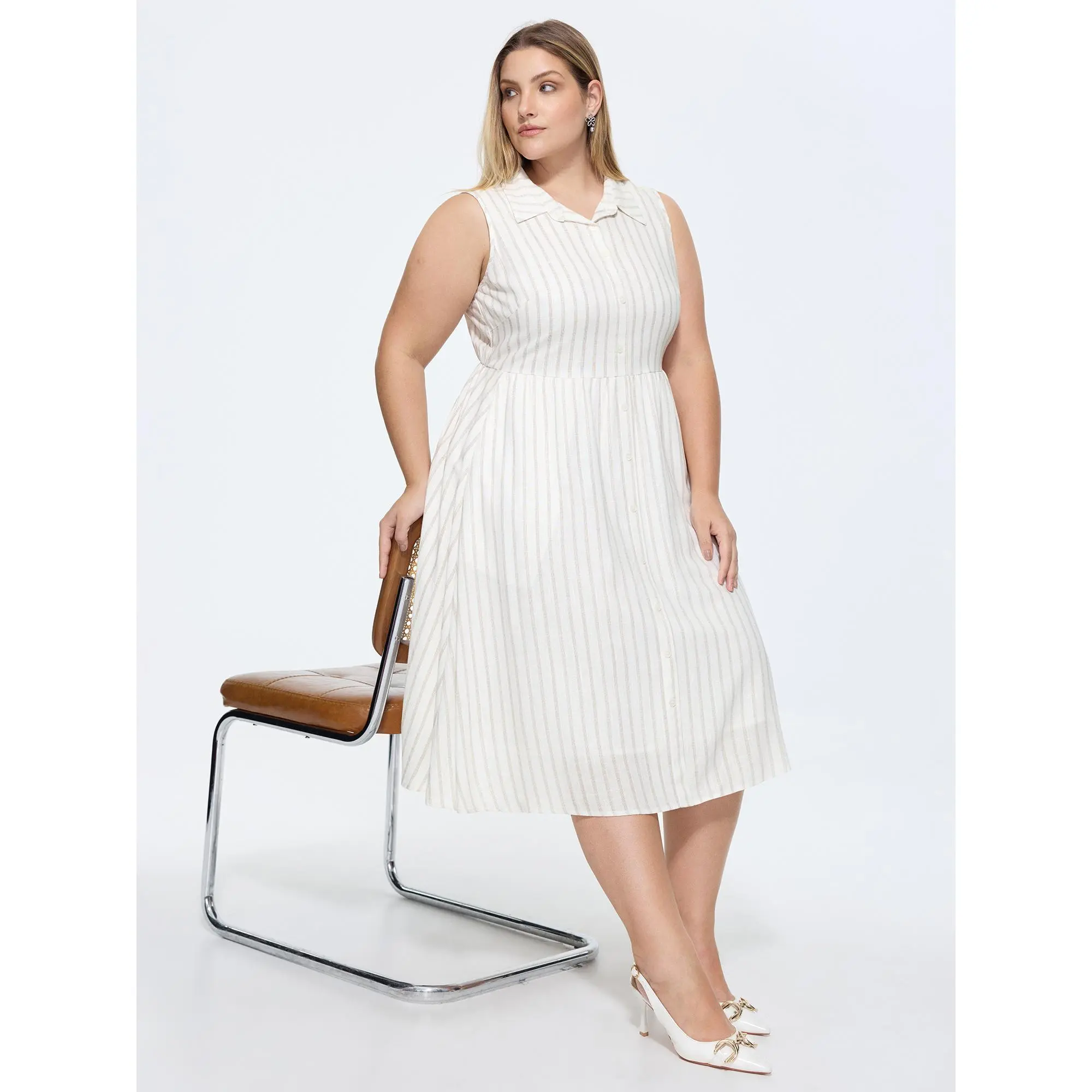 BloomChic Women's Plus Size Sleeveless Casual Striped Maxi Shirt Dress - Simple Everyday Wear, Breathable Linen-Rayon Blend Fabric, Collar, Pockets, Summer Essential, Smooth, Hand Wash, Linen Blend, Collared Neck, Striped Pattern, Original, Comfy, Button,