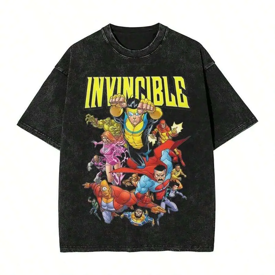 Retro Washed Invincible T-Shirt | Mark Grayson & Superhero Team Graphic Tee, Vintage Black Cotton Crewneck, Casual Outdoor Streetwear, Unisex Short Sleeve Shirt for Men Women