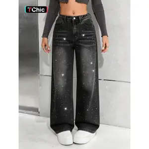 Women's Elegant Rhinestone Wide Leg Jeans, Comfortable High Waist Denim Jeans, Fashion Washed Jeans for All Seasons