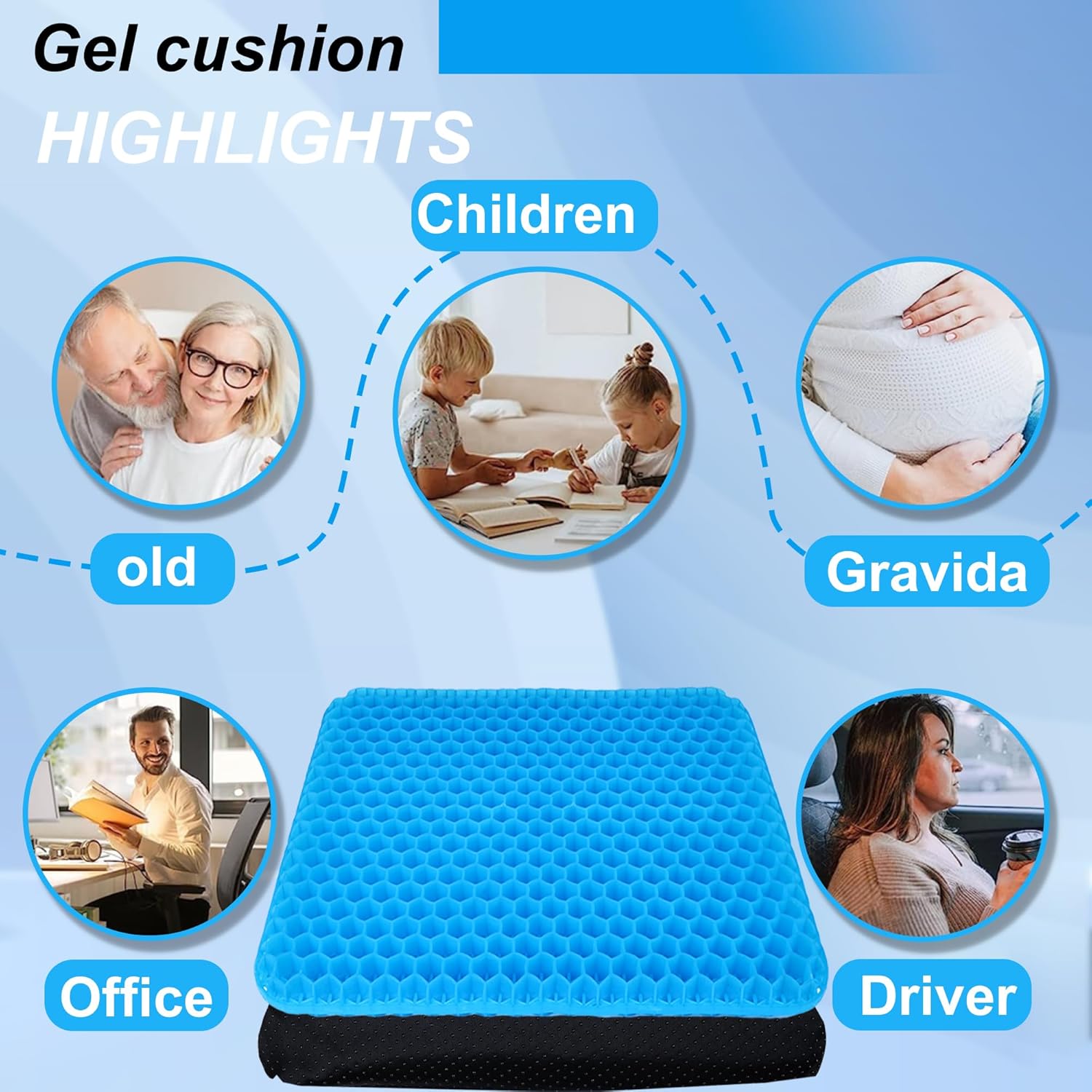 Gel Seat Cushion, Double Thick Egg Gel Cushion for Pressure Pain Relief, Breathable Wheelchair Cushion Chair Pads for Car Seat Office Chair Blue