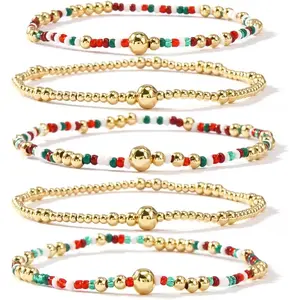 5Pcs 14K Gold Plated Beaded Bracelets Stack Set for Women,Stretch Boho Colorful Beads Ball Jewelry Friendship Summer Trendy Christmas Day