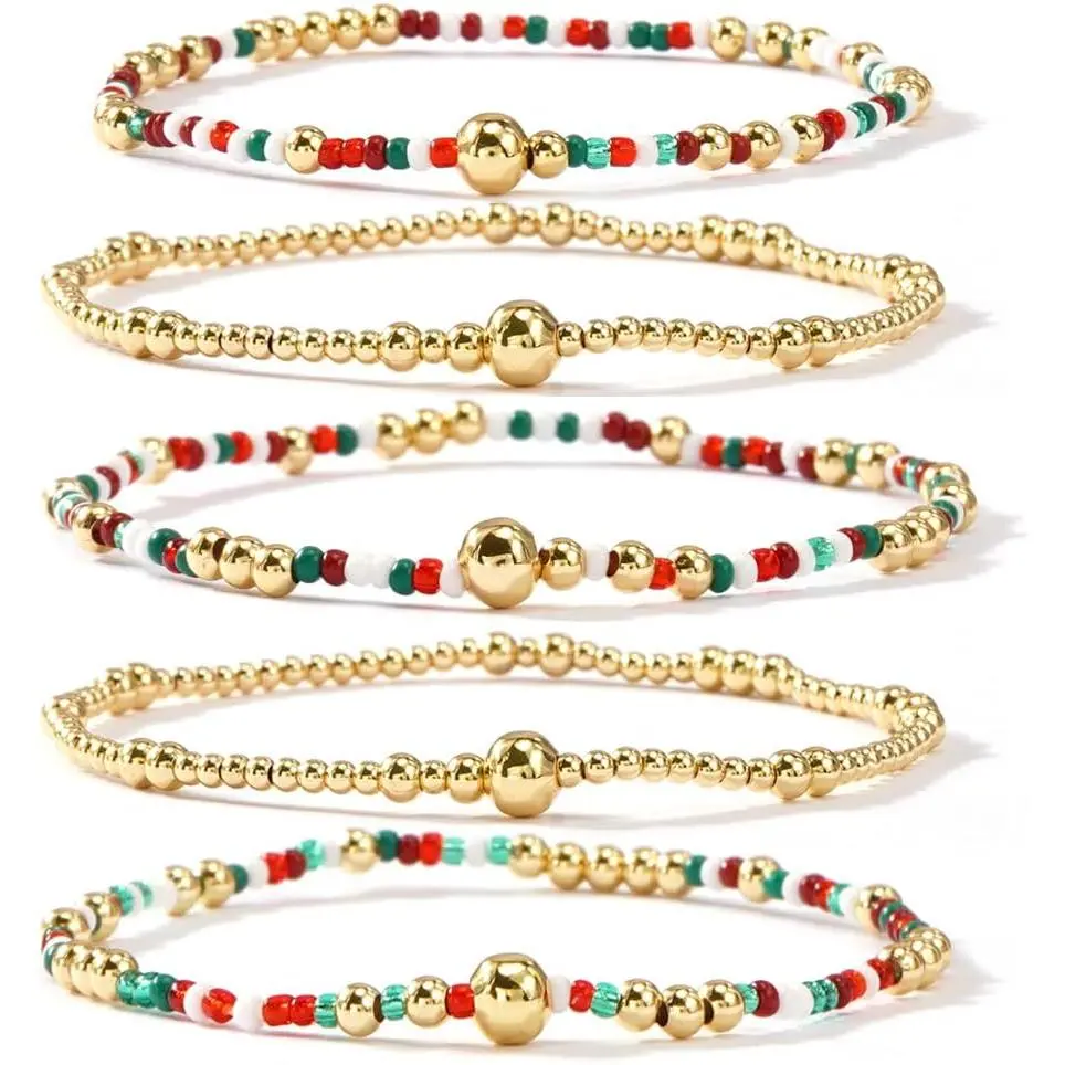 5Pcs 14K Gold Plated Beaded Bracelets Stack Set for Women,Stretch Boho Colorful Beads Ball Jewelry Friendship Summer Trendy Christmas Day