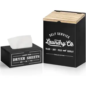 Magnetic Lint Bin and Dryer Sheet Holder Set for Laundry Room, Wooden Trash Can with Lid for Dryer, Farmhouse Lint Holder and Dryer Sheet Dispenser Box Magnetic for Laundry Room Organization and Decor