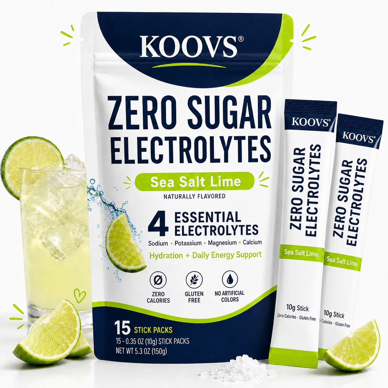 KOOVS 0 Sugar Healthcare Dietary Electrolyte Powder Stick Packs (15 Count) - Sea Salt Lime Flavor, 4 Essential Electrolytes (Sodium, Potassium, Magnesium, Calcium), Daily Hydration Support Supplement