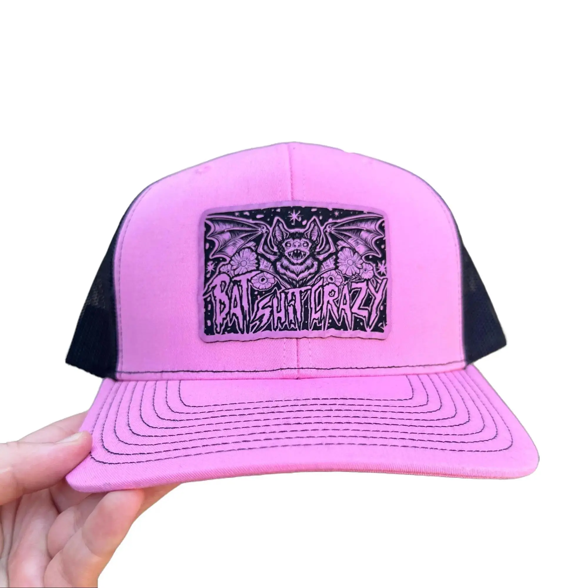 Bat Crazy Leather Patch Structured Trucker Hat,  Mesh Back, Mid Profile Baseball Cap, Pre-curved Bill, Snap Back, Alternative Goth Alt Punk Accessory