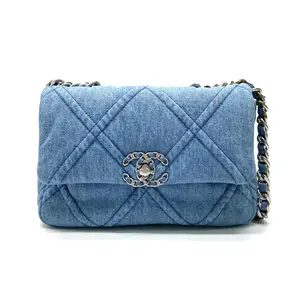 Pre-owned CHANEL 19 Light Blue Denim Shoulder Bag AS1160 B07655 NG353 Small Crossbody with Leather Trim & CC Turn Lock Closure