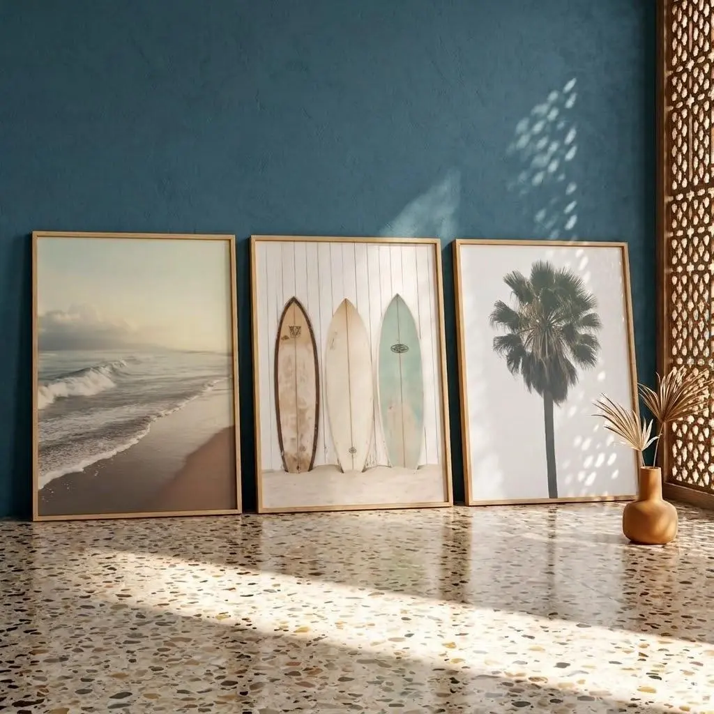 3-Piece No-Frame Surfboard Wall Art Set - Palm Tree & Ocean Prints, Beach House Home Decor Posters