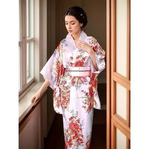 Kimono Japanese Geisha Yukata Floral Pattern Dress Robe Adult Masquerade Cosplay Costume Set Women's Japanese Clothing Flower Sleeve Polyester