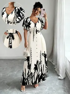 Women's Plant Print V Neck Sleeveless Long Dress, Single Row Button Tie Waist Split Dress, Office/date/photo/high-End Chic Elegant Style Lady, Summer
