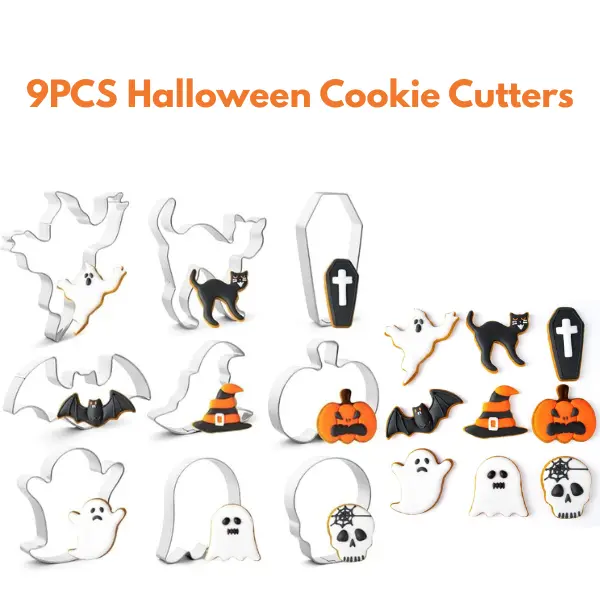 9PCS Halloween Cookie Cutters, Stainless Steel Pumpkin Ghost Bat Cat Witch Skull Coffin Baking Shapes, Halloween Gift