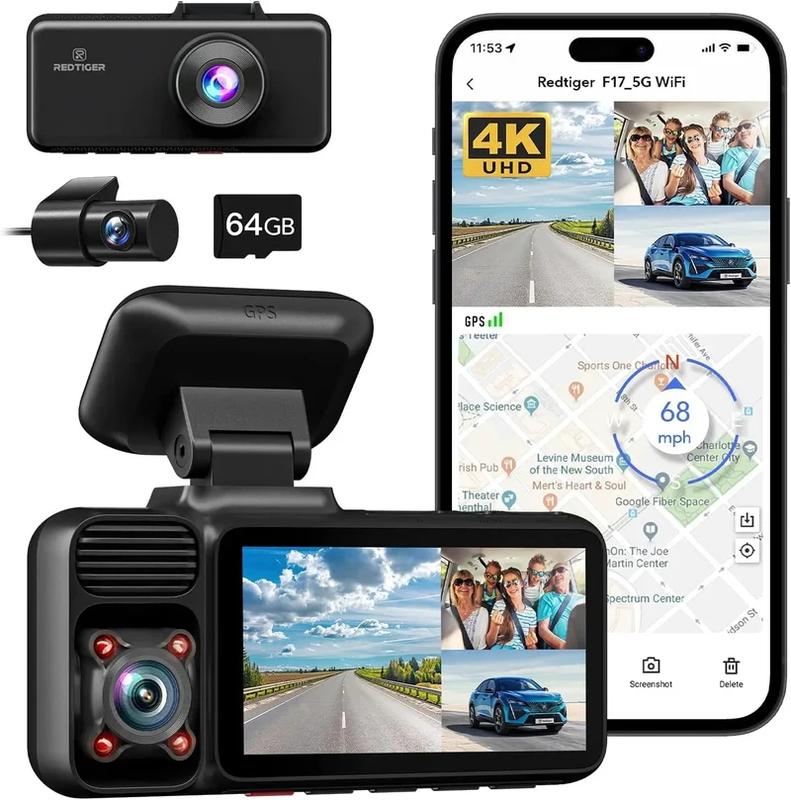 REDTIGER 4K 3 Channel Dash Cam, 5GHz WiFi Built-in GPS, 64GB Card