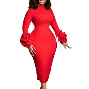 Autumn Winter Clothing Elegant OL Long Sleeve Dress C8638 Polyester Fiber High Waist Floral Embellishment Slim Fit Midi Dress for Business Women