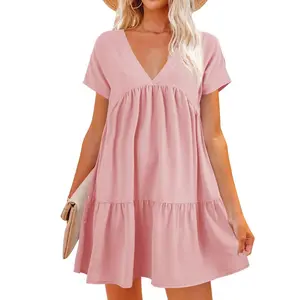 Imily Bela Women V Neck Loose Flowy Swing Shift Dress Summer Short Sleeve Casual Summer Mini Tunic Dress