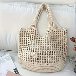 Women Handmade Crochet Tote Bag, Open Hole Tote, Hollow Out Woven Mesh Shopping Bag Fixed Straps No Lining Large Capacity Shoulder Bag Knitted Casual Travel Vacation Beach Bag Daily Commute Grocery Bag Black Blue Beige Khaki