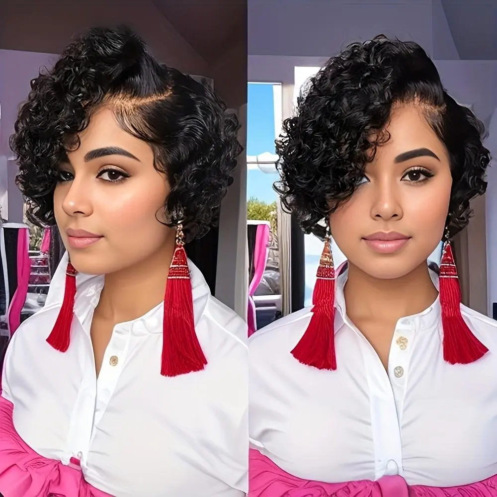 Chic Short Pixie Cut Curly Wave Wig For Women 6INCH 13X4X1 T-Part Lace Front 180% Density Remy Human Hair Natural Black Dealsforyoudays  #SummerVibes#tiktokshopspringglowup