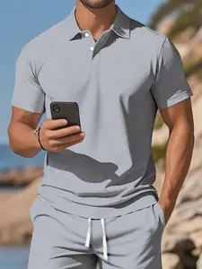 Men's Summer Waffle Knit Fabric Polo Shirt, Casual Short Sleeve Button Front, Fitted Plain Color, Regular Fit, Fashionable Daily Wear Tops, Menswear