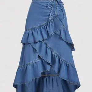 Plus Size Fashion Casual Lace Asymmetrical Hem Denim Skirts Womenswear