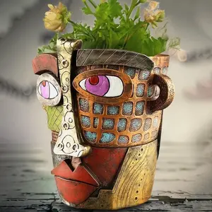 New Ancient Face Multicolor Abstract Art Succulent Planter Resin Ornament, Vintage Flower Pot Plant Decoration, Home Decor