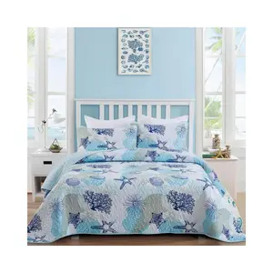 Coastal Quilt Set Twin Size, Blue Ocean Beach Themed Bedding Set Coral Seashell Conch Starfish Pattern Microfiber Lightweight Summer Bedspread Coverlet Bed Set All Season(68x86 Inch)
