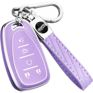 New Upgrade Key Fob Cover for Chevy - Premium Soft TPU Shell Full Protection Case with Keychain, Fits Equinox Malibu Traverse Cruze Blazer Camaro Trailblazer Spark Sonic Volt Bolt Trax, Purple 5-Button