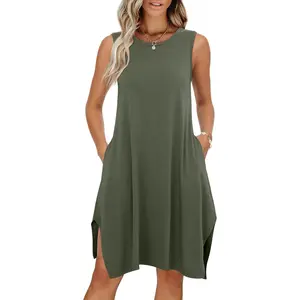 Womens Summer Casual Beach Cover Up Dress Sleeveless Asymmetric Hem Flowy Vacation Cruise Short Sundress