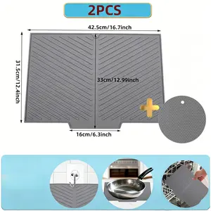2-Piece Silicone Drying Mat Set, Heat Resistant Non-Slip Countertop Mat, Heat Insulation Pad for Dishes and Cookware, Household Drainage Mat for Kitchen Sink and Bar, Dishwasher Washable