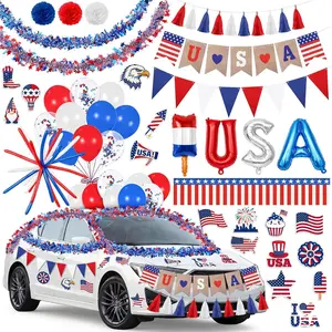 Duraaamo 72 Pcs 4th of July Car Decoration Kit Patriotic Parade Car Decoration Include Red Blue White Garlands, Flag, Banners, Balloons, Magnets, Pom Poms for 250th Anniversary Independence Day Party