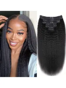 Kinky Straight Hair Clip-In Extensions, No Glue Quick Easy Traceless Real Human Hair, African Yaki Texture, 28 Inch 120g, 8 Pieces, 18 Clips