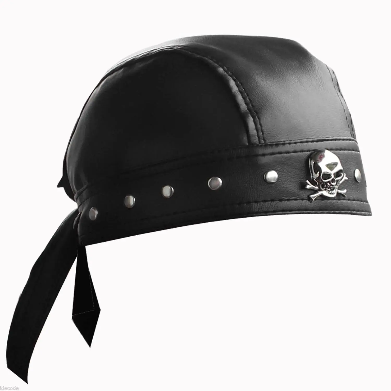 Mens Leather Bandana Biker Doo Do Rag Headwrap Studded Skull Cap