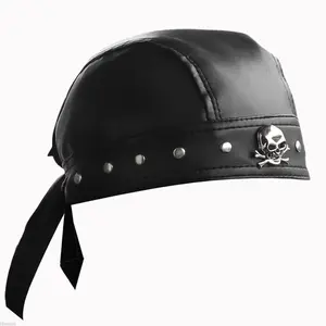 Mens Leather Bandana Biker Doo Do Rag Headwrap Studded Skull Cap