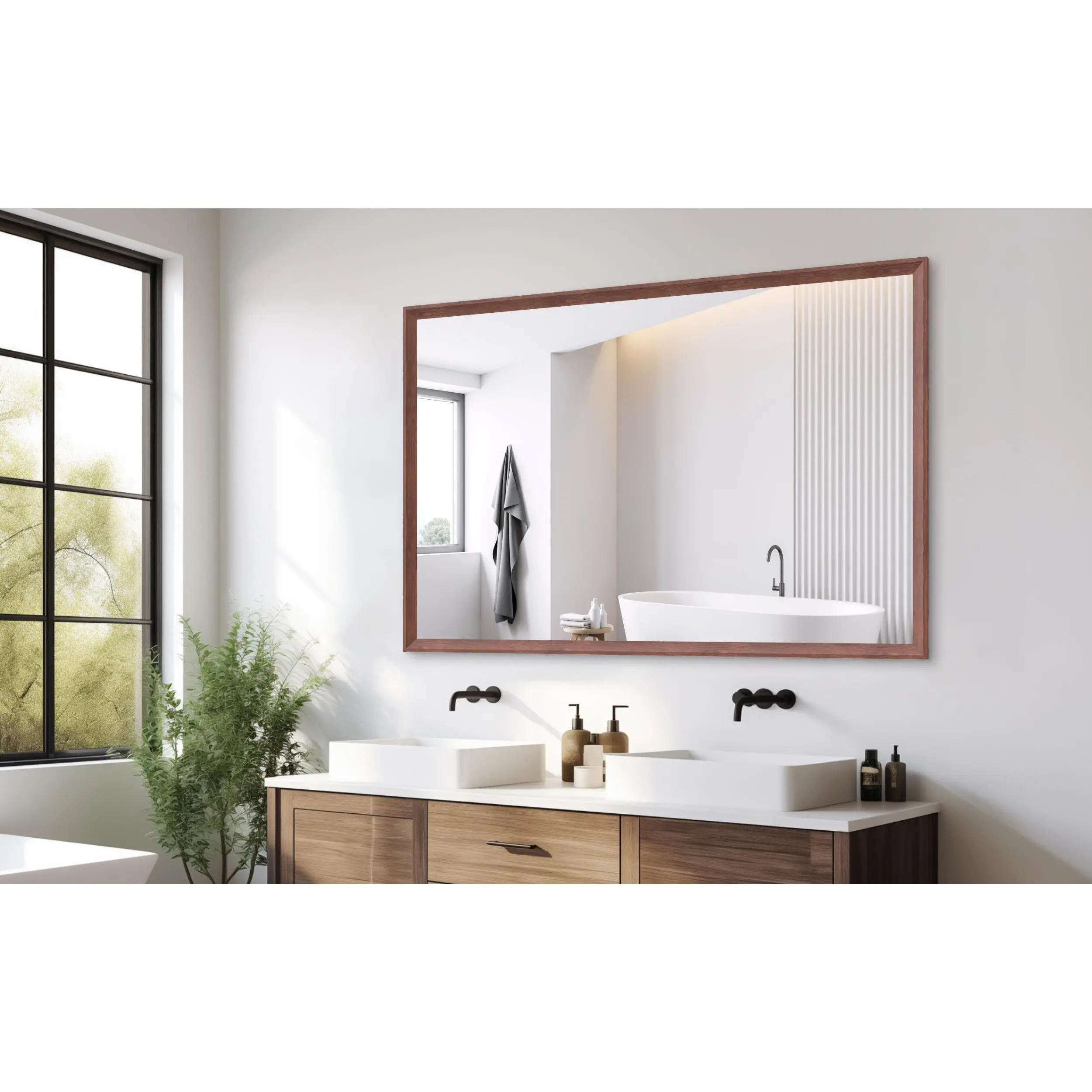 60x40 Inch Oversized Modern Rectangle Wall Mirror with Walnut Aluminum Frame, Large Decorative Wall-Mounted Vanity Mirror for Bathroom, Living Room, Bedroom, Vertical or Horizontal Hanging, 60"x40", Home Furniture and Household Product Search