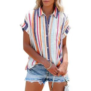Womens Short Sleeve Striped Shirts Casual Button Down V Neck Work Blouses TopsGift