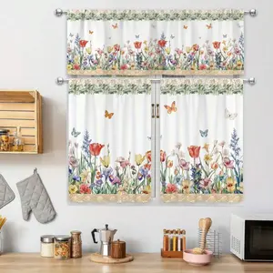 2 Panel 28"X40"/1 Panel 18"X60" Tulip Floral Kitchen Curtain Valance Set Watercolor Flowers Butterfly Country Farmhouse Pole Home Decor Kitchen Cafe Office Living Room Bedroom Dining Room Decorative Curtains