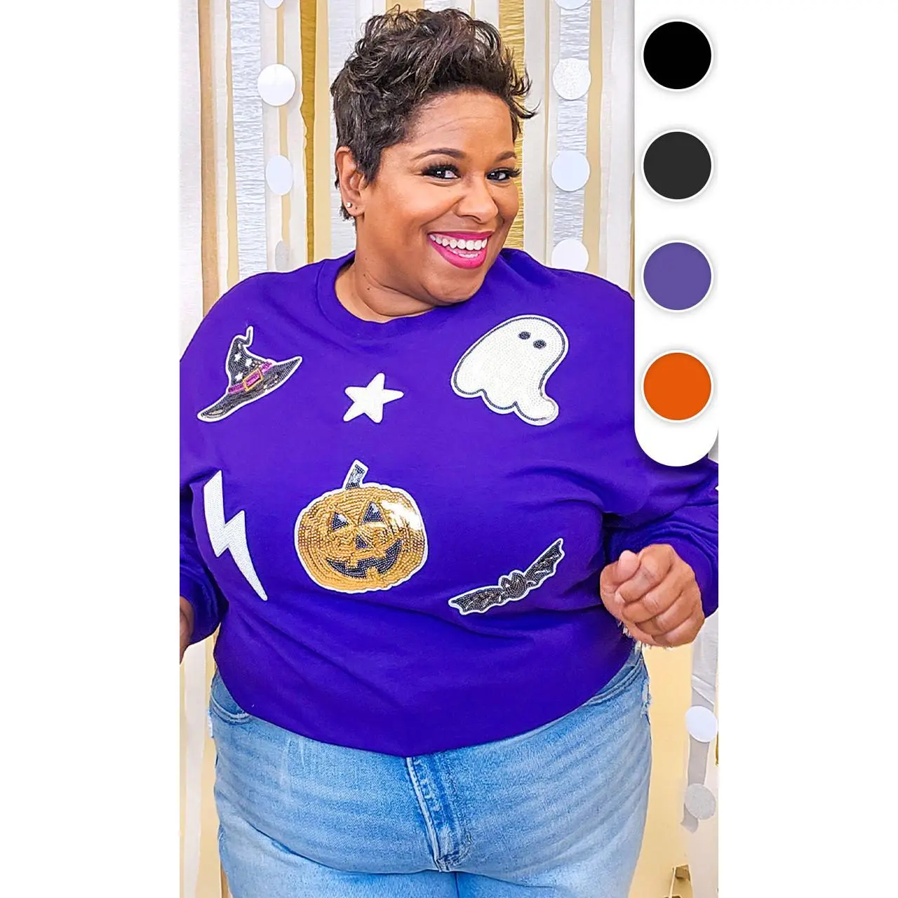 Tees2urdoor Women's Fitted Lightweight Cotton Round Neck Long-Sleeve T-Shirt - Halloween Witch Sequin Patch Graphic, Cold Wash All Seasons Casual Streetwear Top, Valentines Day