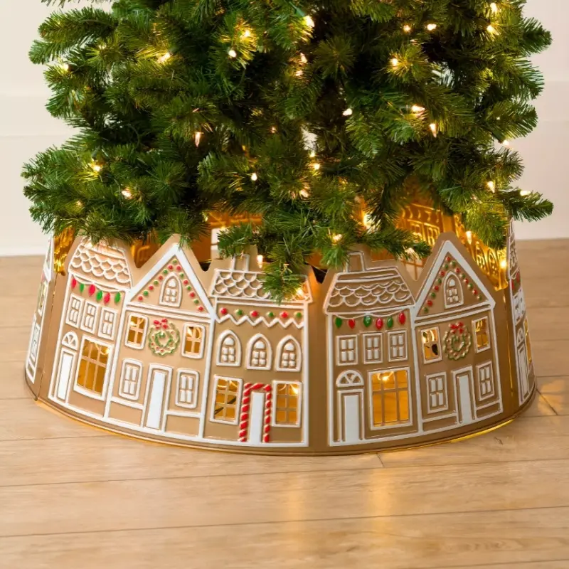 LED Gingerbread Christmas Tree Collar - Decorative Holiday Tree Skirt, 26 & 28 Inch, Warm White Lights, Festive Home Decor