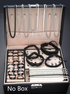 men's fashion jewelry set, casual trendy cross charm necklace & braided bracelet & earrings & rings & chain bracelet, hip hop fashion jewelry accessories set for party & daily decor, couples gifts, men's accessories