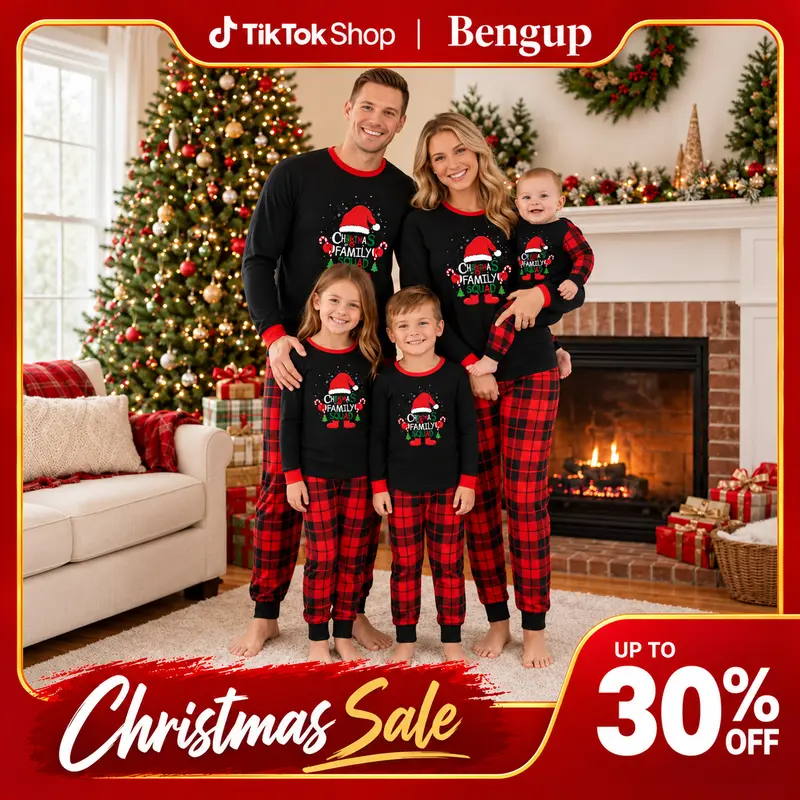 Matching Family Christmas Pajamas Sets Fitted Crewneck Long Sleeve Hat Print Top & Plaid Bottom, Family Squad Couples Pajamas for Pajama Party (Style 8008)