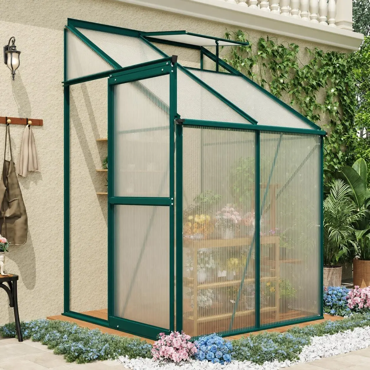4x4 ft Rectangular Lean-to Polycarbonate Walk-in Greenhouse Kit, Portable Outdoor Winter Garden Greenhouse with Sliding Door, Adjustable Vent Window & Portable Setup