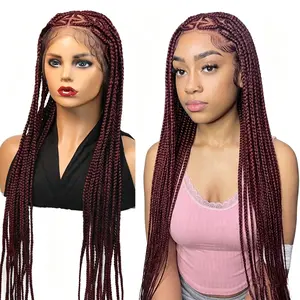 DOSAY Synthetic Full Lace Wig Colored Burgundy Braided Wig For Women Heart Shape Cornrow Braided Wig 36 Inches Knotless Box Braids Wig