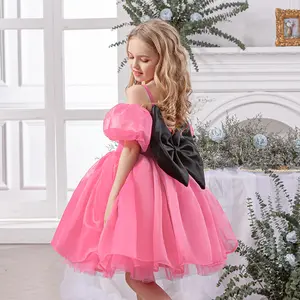 Ready Stock 4-8Y Girls Princess Dress with Bubble Sleeve Back Bow Design Off Shoulder Party Dress 246084