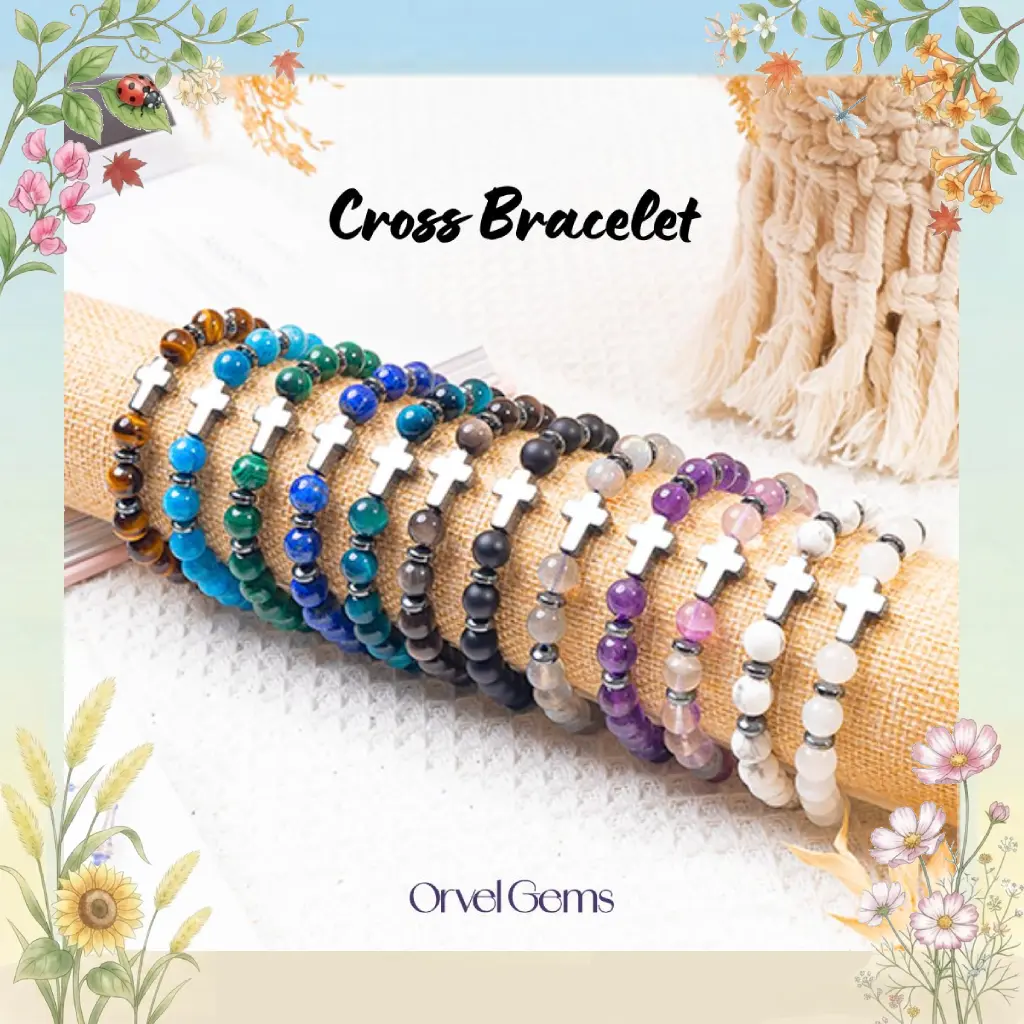 Halloween Protection Hematite Cross Bracelet – Natural Stone 8mm Beads Apatite Tiger’s Eye Lapis Howlite Amethyst Fluorite Malachite Obsidian Agate Onyx Labradorite | Crystal Healing Stretch Bracelet for Women & Men | Birthday Christmas Thanksgiving Gift