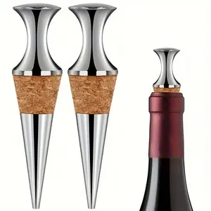 Set of 2 Wooden Wine Stoppers, Stylish Minimalist Design Silver Color Bottle Stoppers, Practical Wine Accessories for Kitchen and Dining