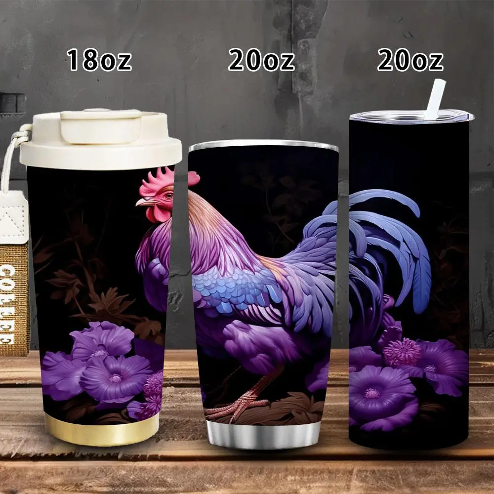 1pc Vibrant Fantasy Rooster Vacuum Flask Tumbler - 18oz/20oz, Purple Flowers, Lid & Straw, Winter Insulated, Iced/Hot Coffee Cup, Gift for Women, Ideal for Valentine’s Day, Easter, Flasks, Portable