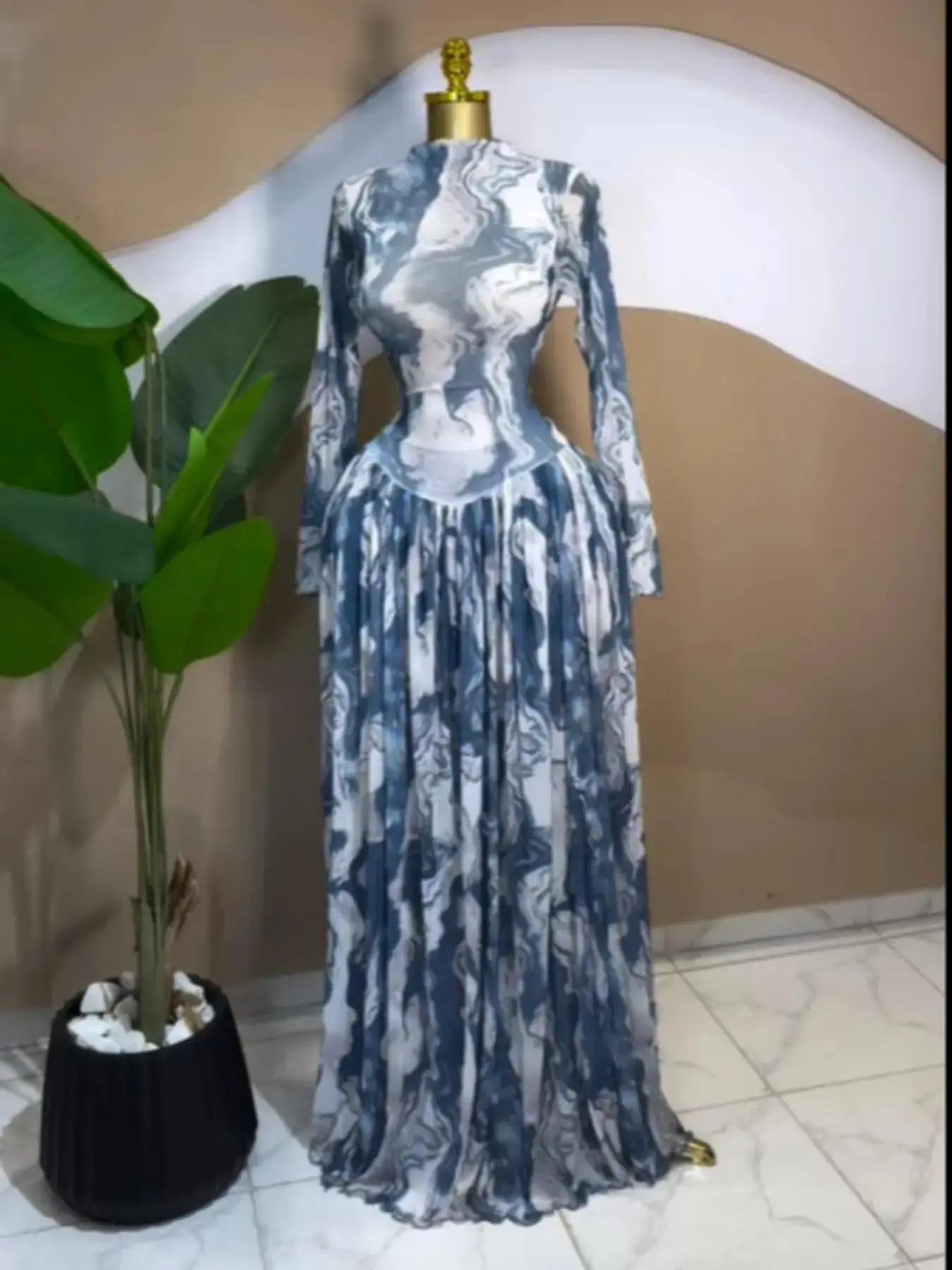 Women's Long Sleeve Tie Dye Print O-Neck A-Line Prom Dresses Formal Beachwear