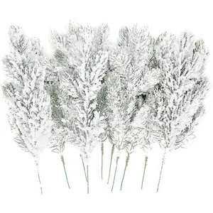 10PCS Frosted Artificial Pine Needle Branches 10.6inch Christmas Fake Snow Pine Branches Winter Spray Green Plant Stems for Christmas Tree Wreath Decoration