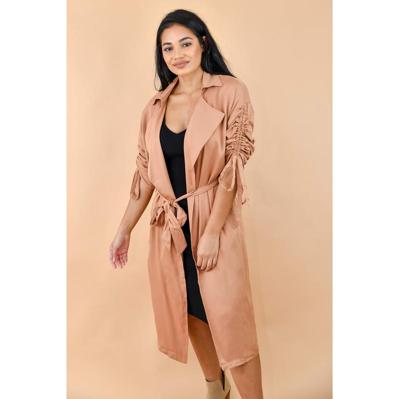Camel Belted Open-Front Duster Trench Jacket