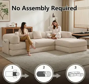 Beige L-Shaped Convertible Modular Sofa Bed with Chaise Lounge, Corduroy Fabric, Storage Bag, Fixed Single Shape, Oversized Plush Boneless Velvet, Foldable Chenille Sectional, Cloud Down Blend Loveseat, Modern Comfy Indoor Living Room Furniture, Beige Sof