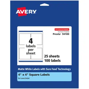 Avery Matte White Square Labels, 4" x 4"